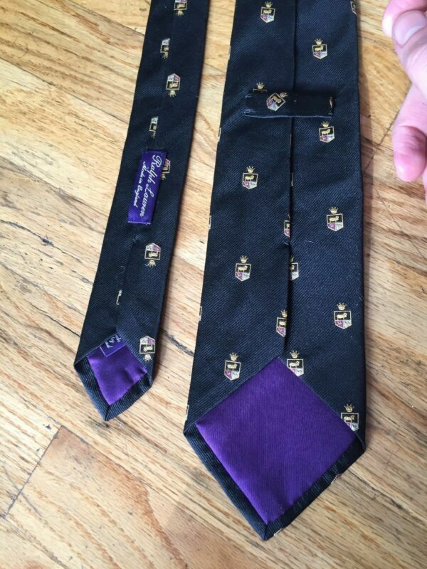 Vintage Ralph Lauren Purple Label Tie, Black W Lion Crests Vintage Ralph Lauren Purple Label Tie, Black W Lion Crests