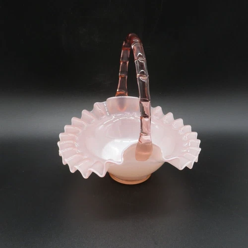 Vintage Fenton Glass Peach/Pink Overlay Ruffled Basket  w/ Bamboo Handle - 7" T