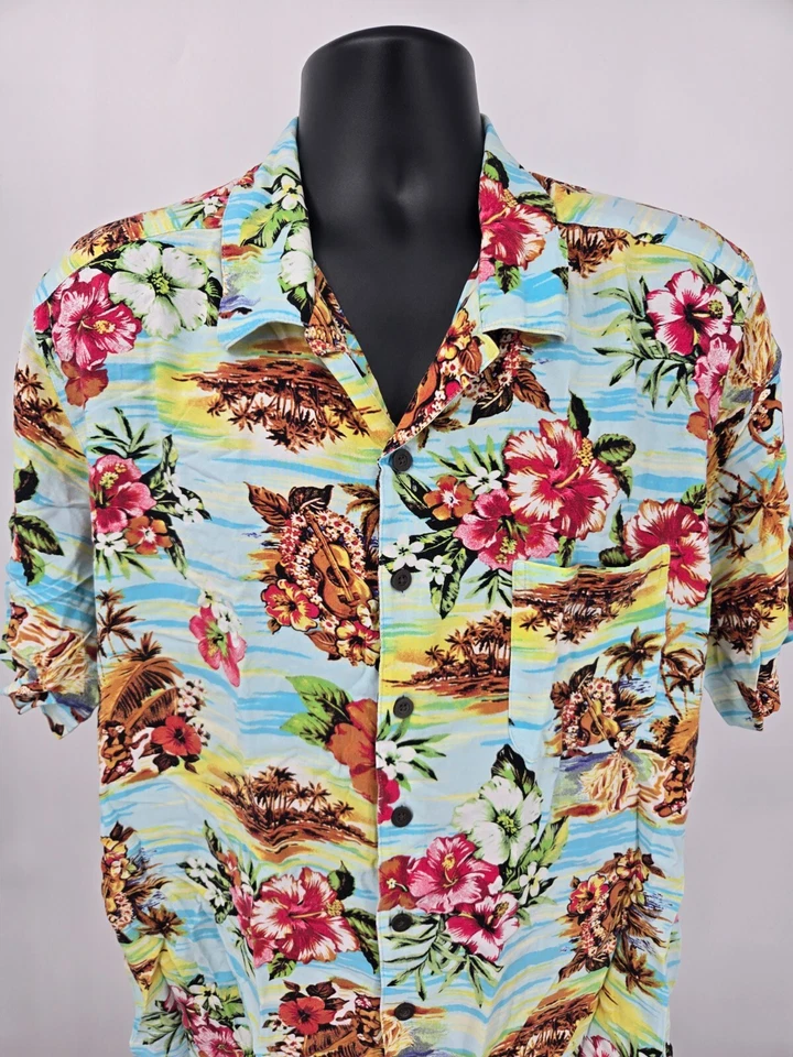 Camisa Hawaiana George Adulto 2XL Azul Amarillo Isla Campamento Ligera Playa Hombres Foto 2 de 4