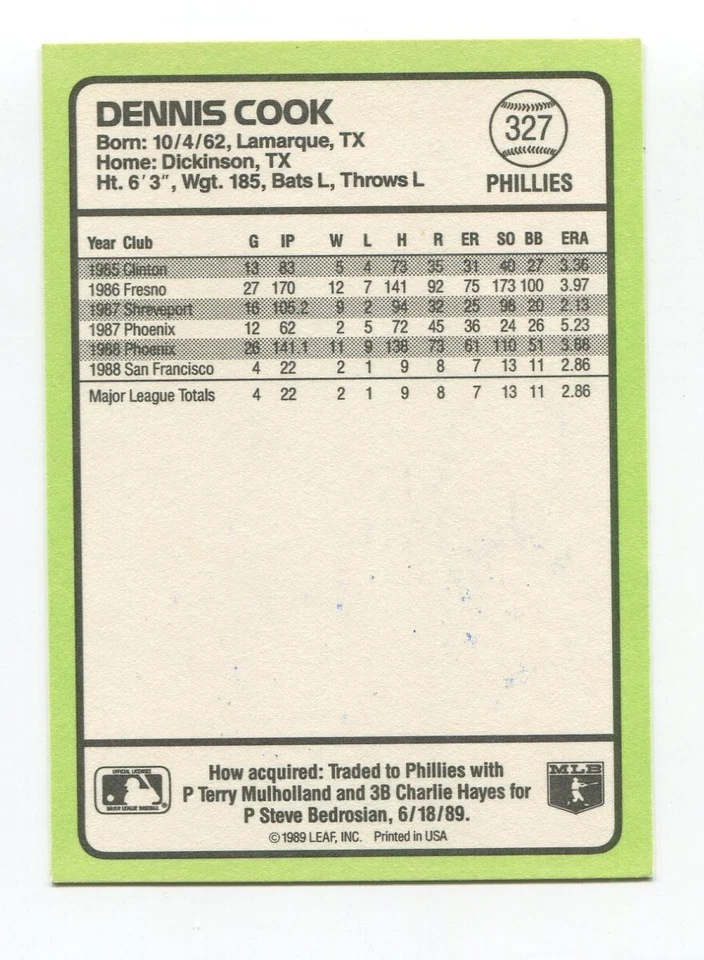 1989 Donruss Dennis Cook Signed Card Baseball MLB Autographed AUTO #327 - Image 2 of 2