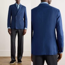 Men Blue Minimalist Suit Double Breasted Jacket Peak Lapel Business Formal Party
