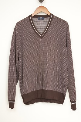 Boggi Milano Mens Sweater L Brown Cream Cotton Pindot Weave Woven V Neck 