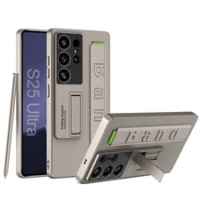 For Samsung Galaxy S23 S24+ S25 Ultra PC+PU Leather Case Stand+Handle Grip Strap