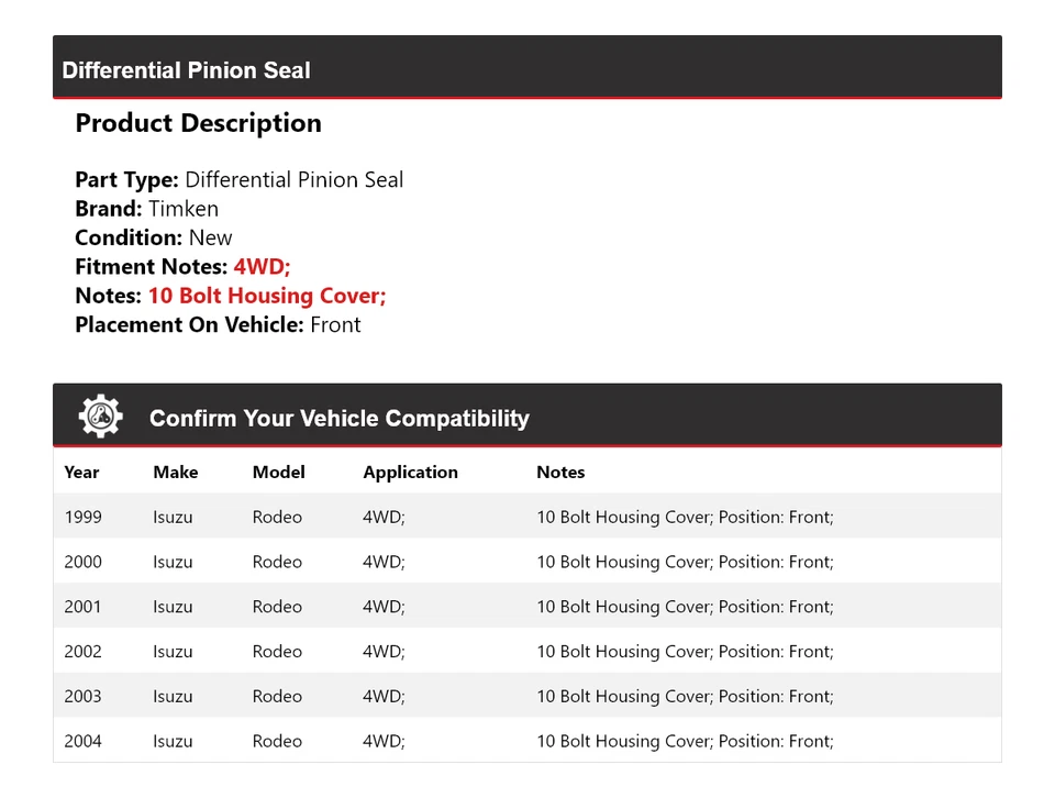 Sello de piñón diferencial delantero Timken 2000 2001 para Isuzu Rodeo 1999-2004 4x4 Foto 2 de 4