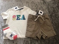 NWT Janie and Jack boy SUMMER SPRING 3-piece SEA shirt khaki shorts SET 12 18