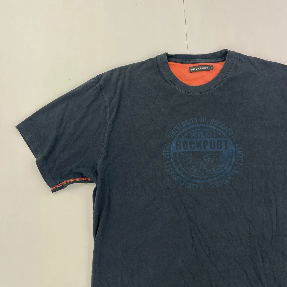 ROCKPORT T-shirt blu medio uomo manica corta 100% cotone logo grande - Immagine 4 di 4