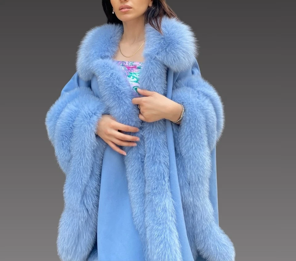 Poncho de cachemir con piel de zorro - Capa de cachemir - Poncho para mujer / Abrigo de piel de zorro azul Foto 3 de 4