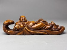 4.3" China Exquisite Boxwood Handmade Carved Ruyi Maitreya Buddha Statue B154