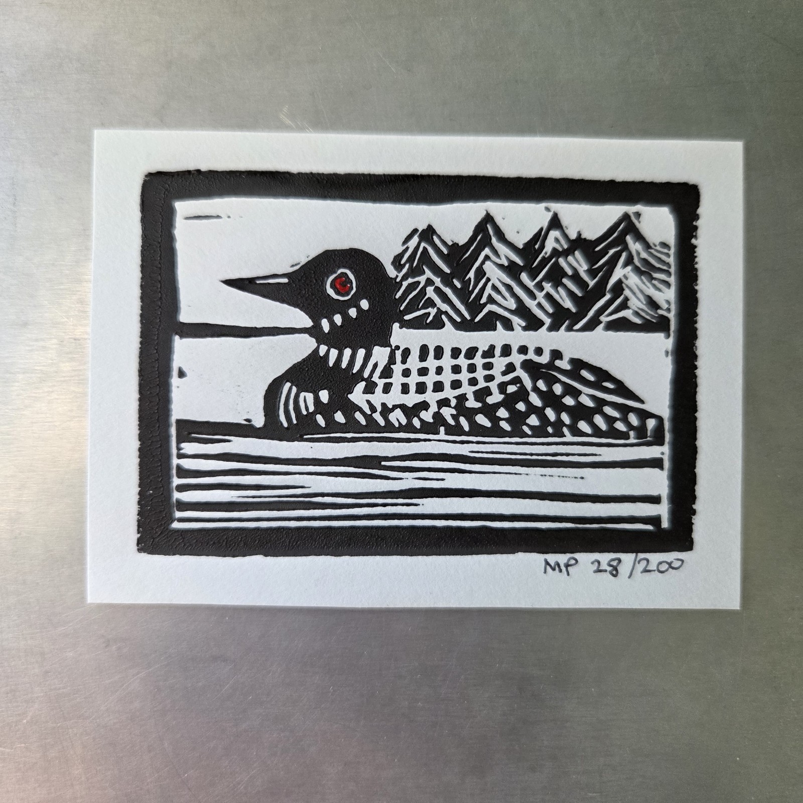 Original Linocut ACEO Loon Printmaking Northern Bird