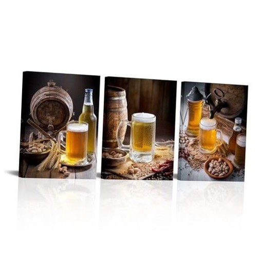 Wine Canvas Wall Art Beer Glasses and Barrel Print Pictures for Kitchen