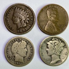 US Coins Indian Head-Lincoln Penny-Silver Barber And Mercury Dimes Lot