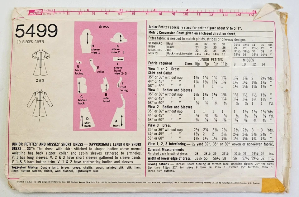 Minivestido de Colección Años 70 Simplicity Coser Patrón 5499 Misses Cremallera Trasera Talla 10 CORTE Foto 2 de 3