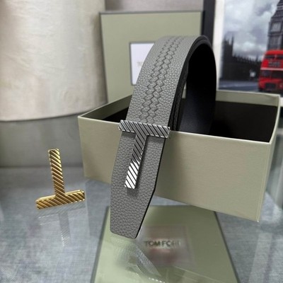 Men Gray Woven Pebbled Leather Belt Tom Ford Striped T Metal Buckle Reversible