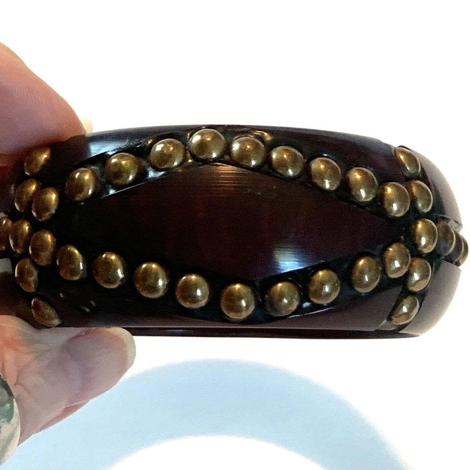 Vintage Wide Wood Bangle Bracelet with Brass Studs Detail Wooden Boho Chic - Image 4 of 4