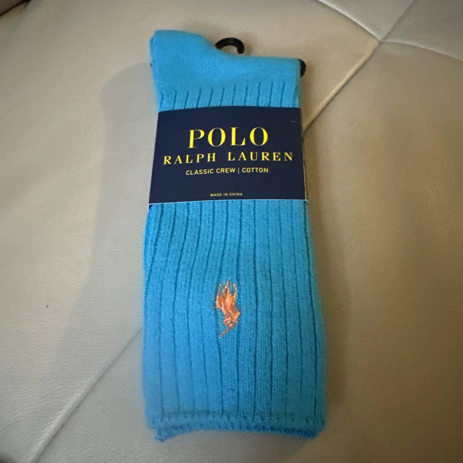 Polo Ralph Lauren Men Blue & Orange Pony Cotton Blend Crew Socks Size 10-13