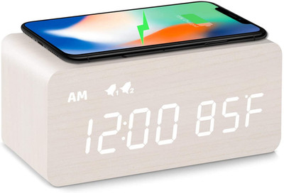Digital Wooden Alarm Clock with Wireless Charging, 0-100% Dimmer, Dual Alarm, We