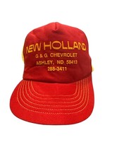 Vintage New Holland G&G Chevrolet Trucker Hat Red Yellow Mesh USA Made Cap
