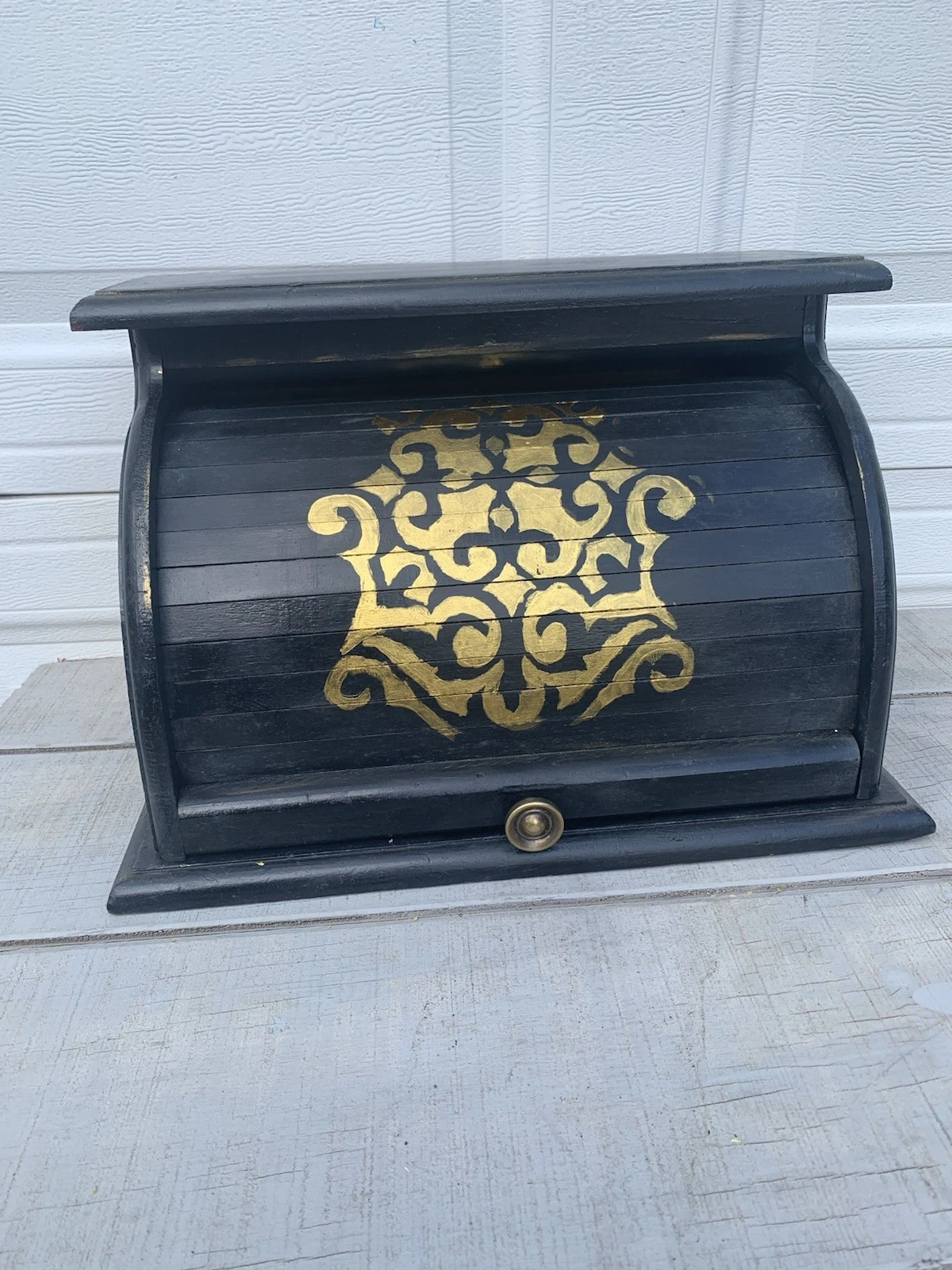 Vintage Knock On Wood Roll Top Bread Box Black W/Gold Stencil Rustic Farmhouse