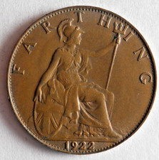 1922 GREAT BRITAIN FARTHING - AU/UNC - RARE DATE - High Value - Lot #D23
