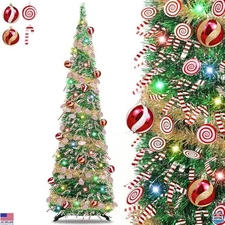 6 Ft Green & Gold Tinsel Pop Up Christmas Tree with 50 Multicolored Lights &