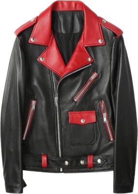 Herren schmale Passform Lederjacke Biker Style echtes Lammfell rot & schwarz Leder MC01