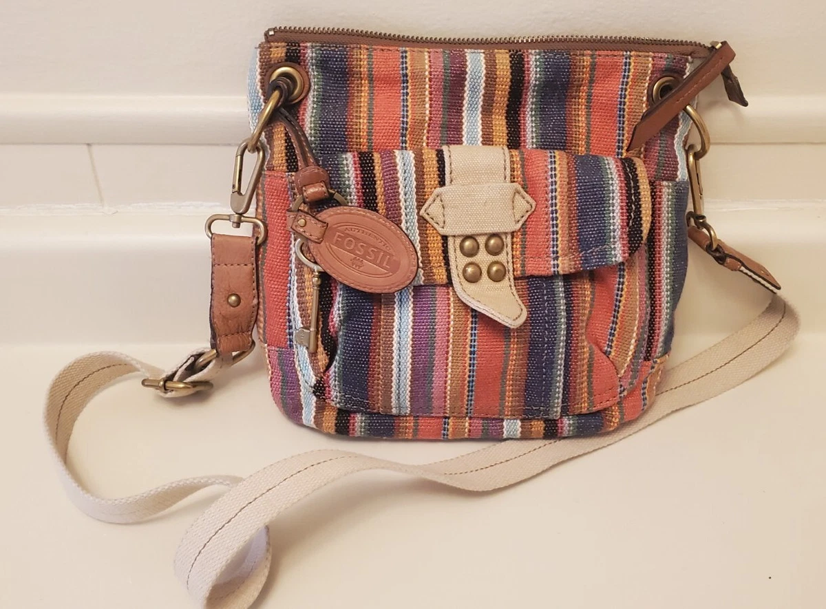 FOSSIL Small Leather Handbag Crossbody Purse w Charm Striped Multi Color  Vintage | eBay