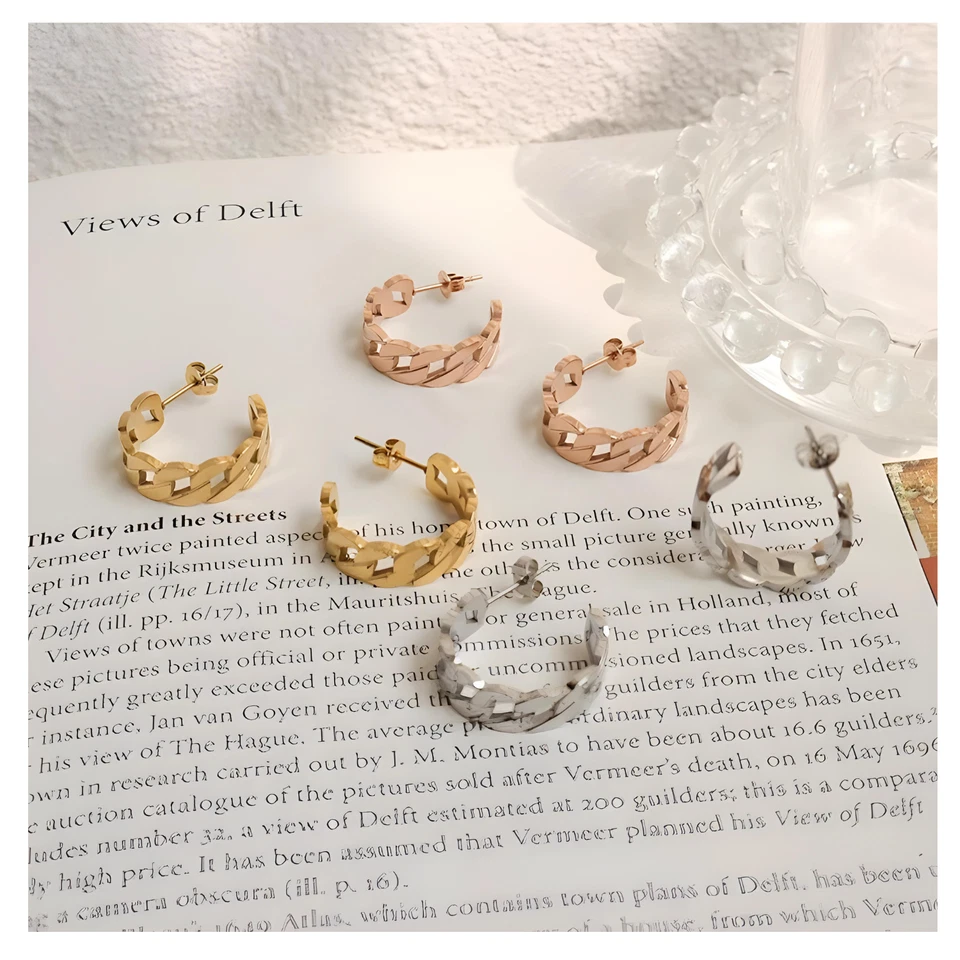 Pendientes Huggie de Lujo Oro 18K Eslabones Cubanos C Cuelgan Borla Gota Tachuela Minimalista Foto 4 de 4