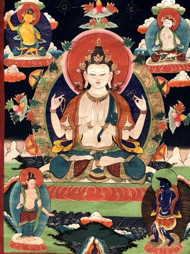 Rare & Stunningly Beautiful Antique Chenrezig Buddha Goddess Tibetan Thangka - Picture 3 of 11