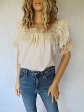 Vintage cream blouse top, lace ruffles, puff short sleeves, made in USA, small