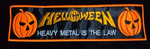 HELLOWEEN,HAVY METAL IS THE LAW,SEW ON NEONORANGE BORDER EMBROIDERED STRIP PATCH