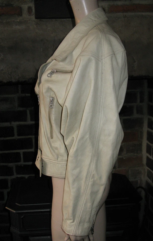 ANNA BIAGINI Designer Italy Beige Cream Biker Classic Soft Leather Jacket Large - Image 3 of 4