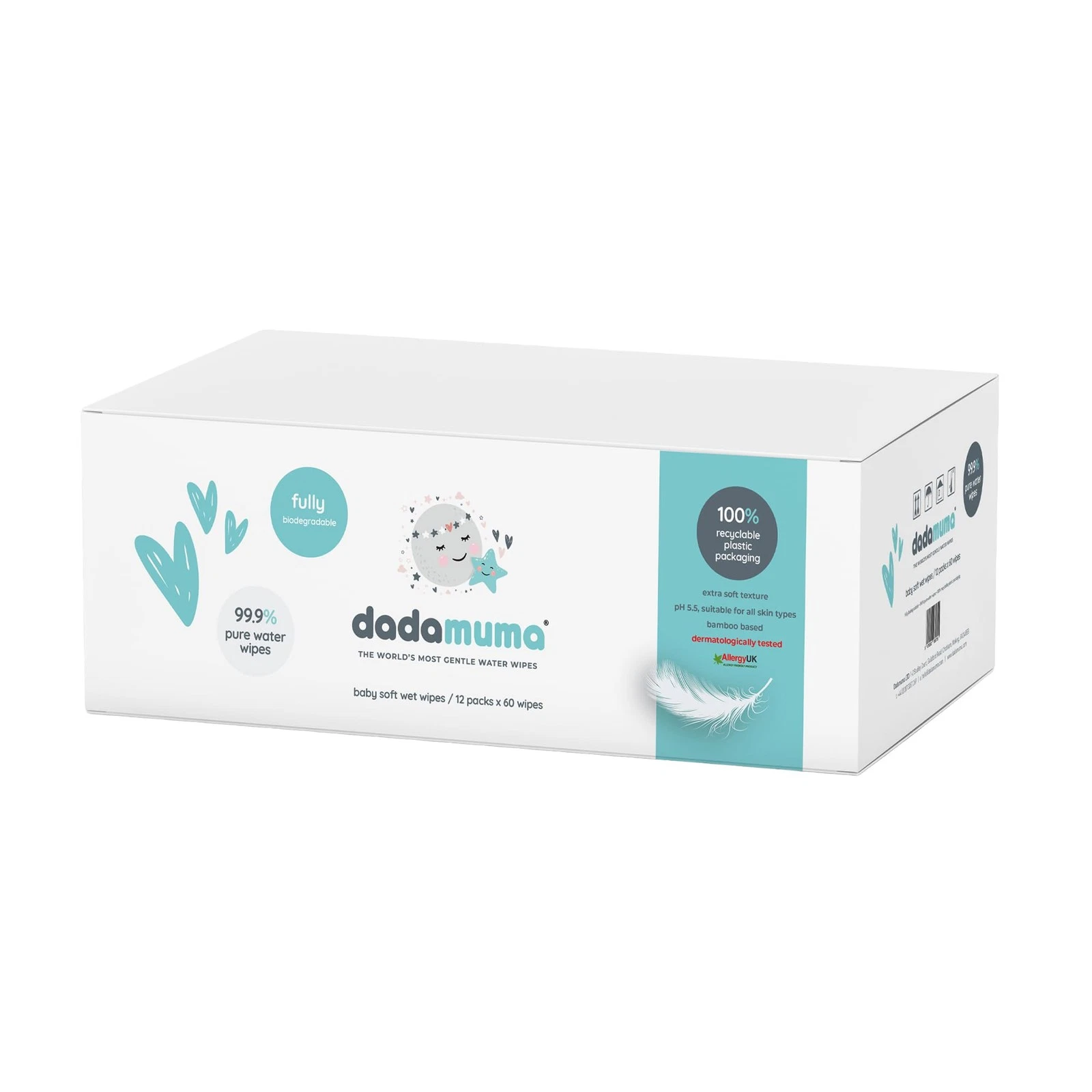 Dadamuma - 99.9% Pure Water Baby Wipes (12 x 60 Wipes), Gentle with Newborn