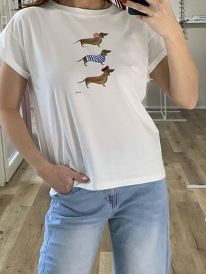 Hund T-Shirt Offwhite Kera Till ''Dackel Trio'' Bestickt Gr. XS (I4)