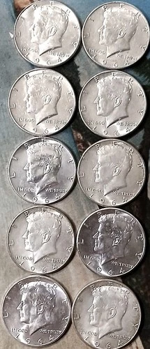 1964 Kennedy Half Dollars - 10 Each - 90% Silver - About Uncirculated - AU