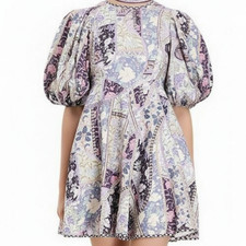 Zimmermann Celestial Day Mini Dress Sz 3 AU 14 US 10 Linen Lavender Swirl Floral