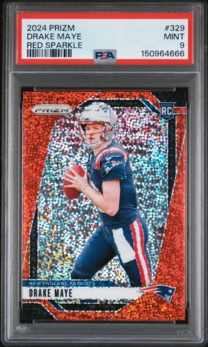 150964666 Drake Maye 2024 Panini Prizm #329 Red Sparkle Rookie RC PSA 9