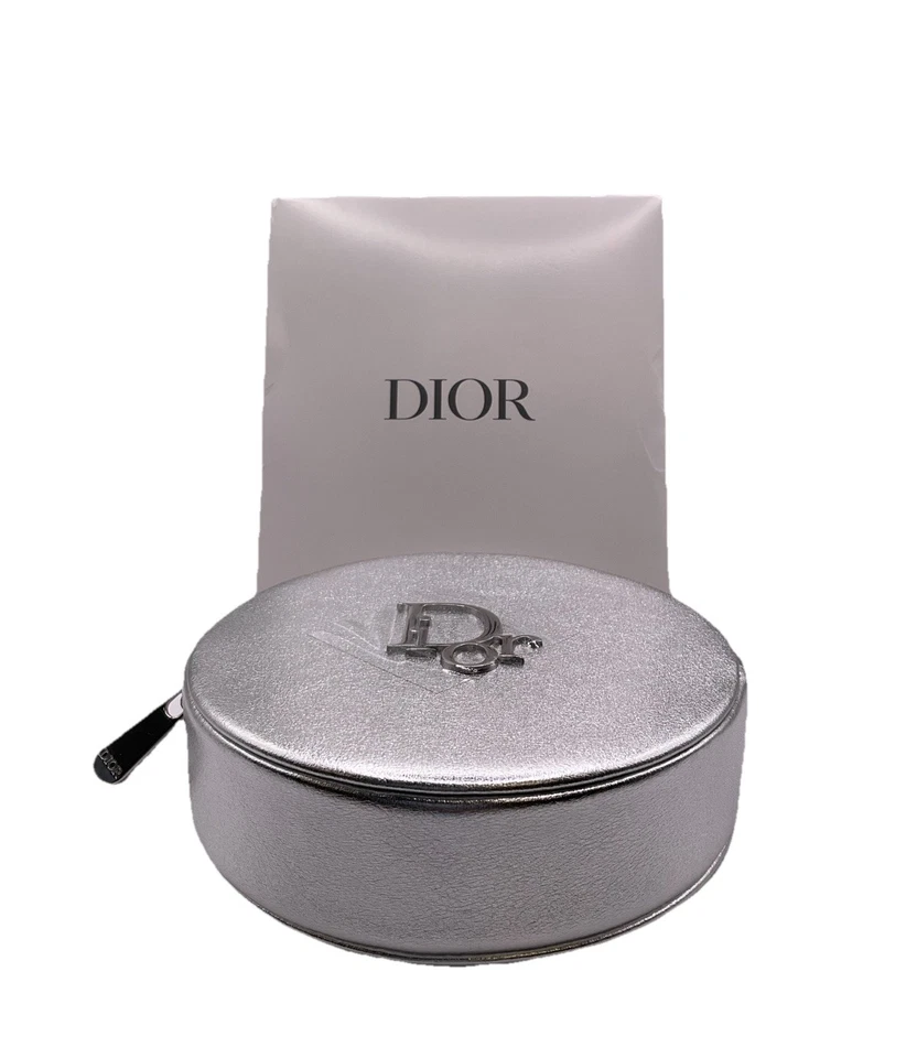 DIOR Trousse Makeup Pouch Silver Round Vanity Bag Circular Cosmetic Clutch NEW - Image 2 of 4