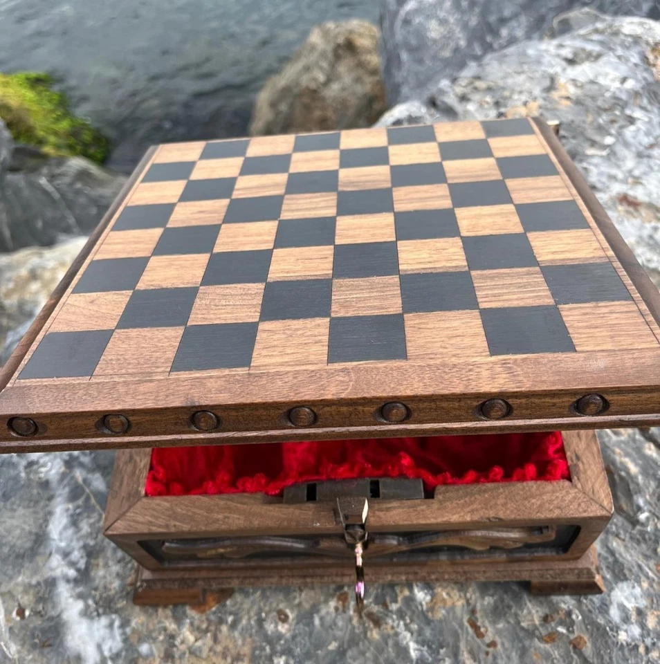Puzzle Vintage Walnut Chess Board with Hidden Key – Handmade Solid Wood Gift for - Image 4 of 4