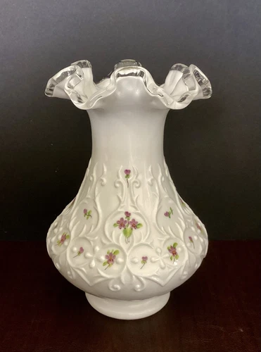 Vintage Fenton Art Glass Vase 8” Violets in the Snow Spanish Lace Silver Crest