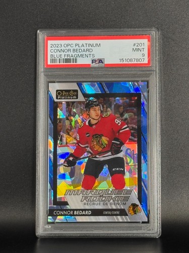 Connor Bedard 2023-24 OPC Platinum Blue Fragments #201 RC Rookie /125 PSA 9