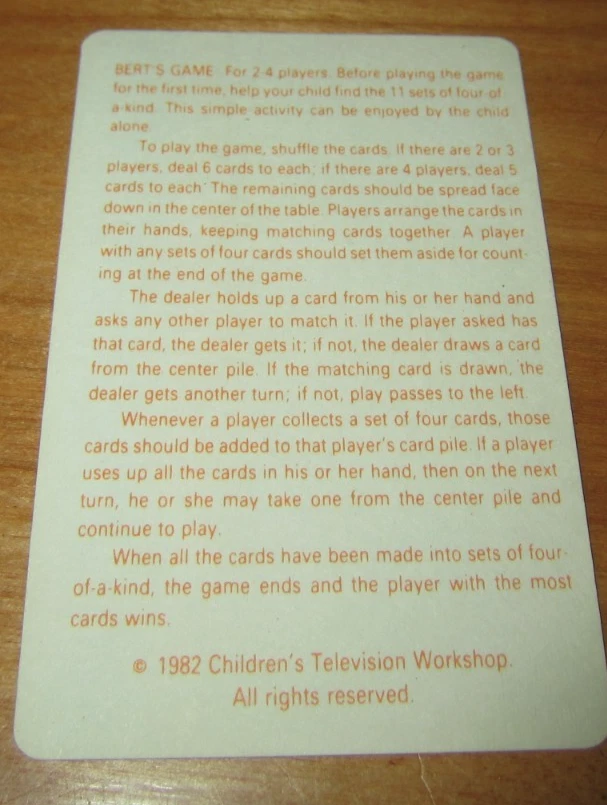 Sesame Street Bert's Game Card Game 1982 Muppets Western Publishing WI USA VTG - Image 3 of 4