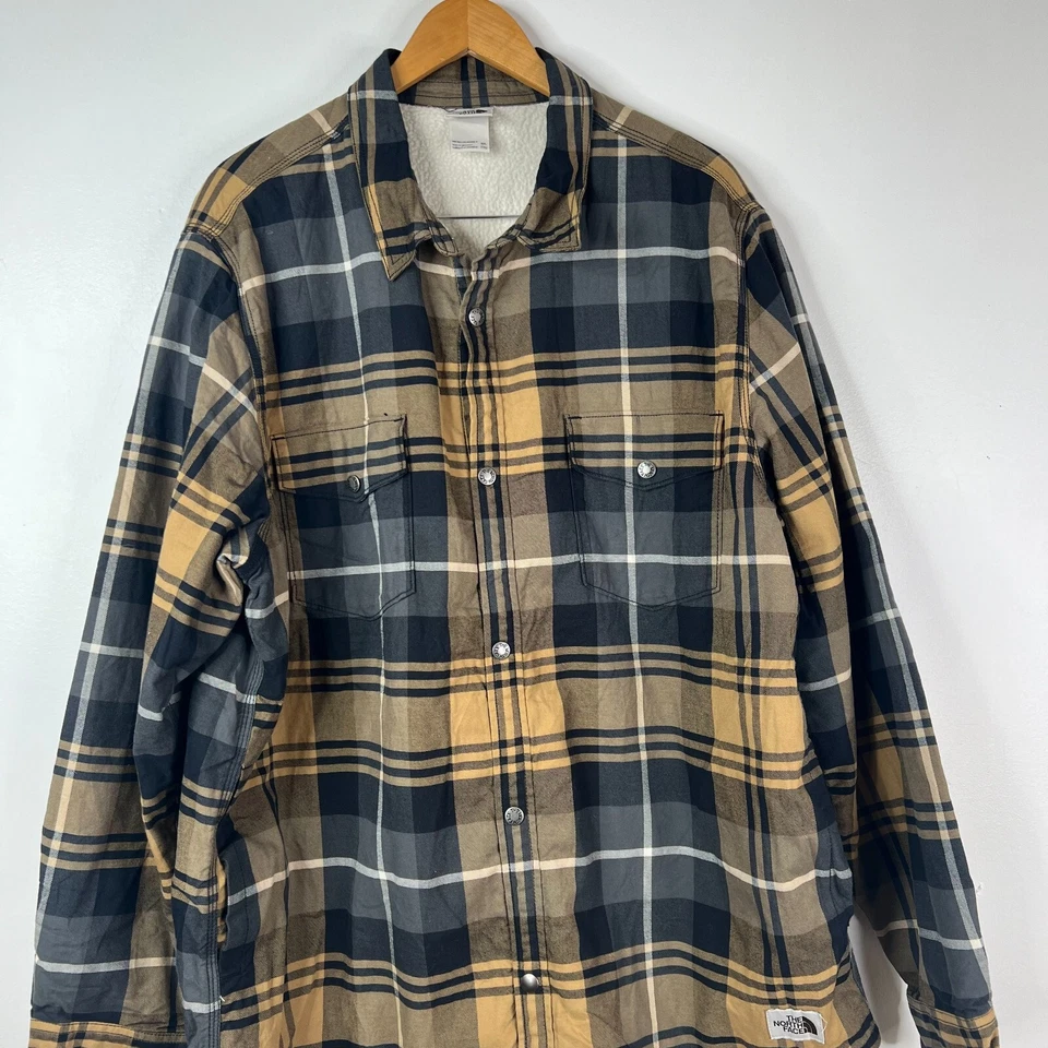 The North Face Shacket Mens Sz XXL Beige Blue Plaid Snap Button Fleece - Image 3 of 4