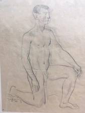 Beautiful Large Drawing Man Nude 1946 Kneeling Lead Charcoal 20th to Identify