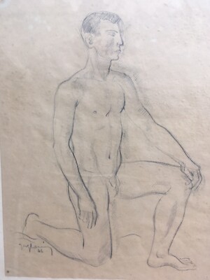 Beau Grand Dessin Homme Nu 1946 Agenouillé Mine Plomb Fusain XXe A Identifier