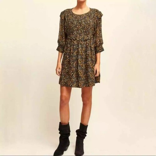 BA&SH Sandra Ruffled Georgette Mini Dress In Brown Carbone Sz Medium