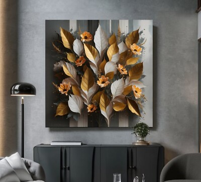 XL LEINWAND BILDER BIS 140x140x5 BLUMEN BLÄTTER ORANGE 3D-COLLAGE WANDBILD NATUR