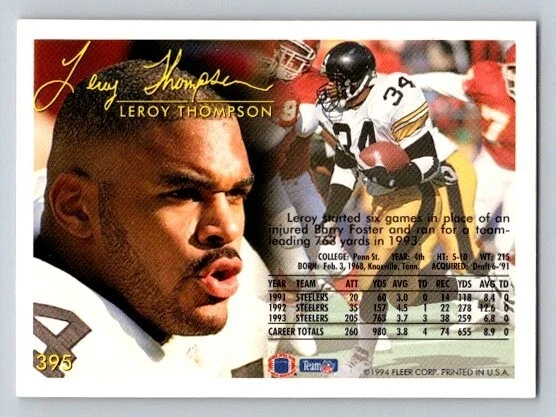 1994 Fleer Leroy Thompson #395 Pittsburgh Steelers - Image 2 of 2