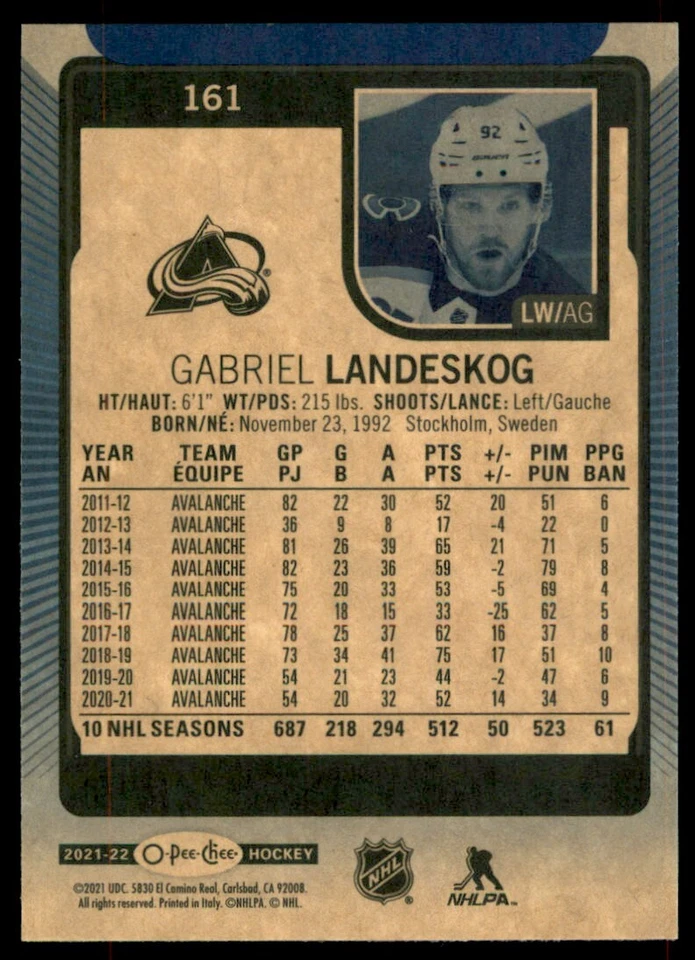 2021-22 O-Pee-Chee Blue Border Gabriel Landeskog #161 - Image 2 of 2