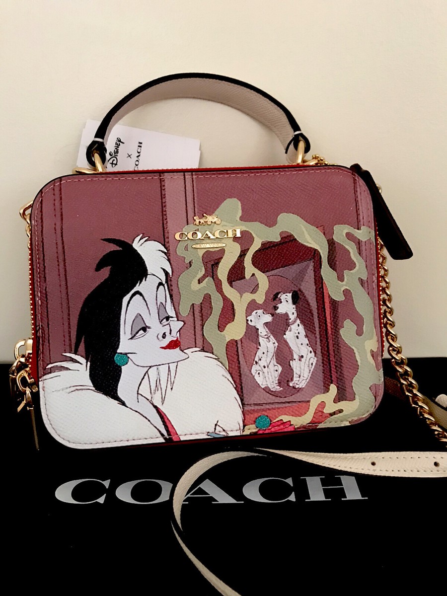 Coach Disney Box Crossbody Purse With Cruella Motif Leather Red