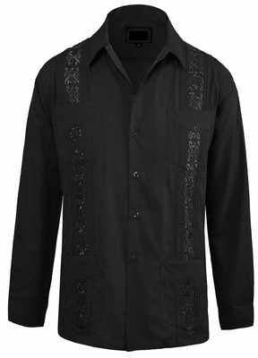 Guayabera Men S Beach Wedding Long Sleeve Button Up Cuban Shirt Black Ebay